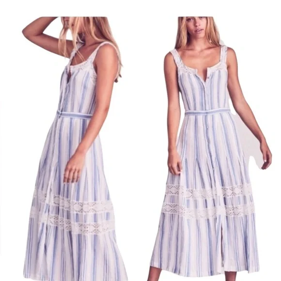 LoveShackFancy Blue & White Striped Lace-Trim Maxi Dress - Picture 2 of 8